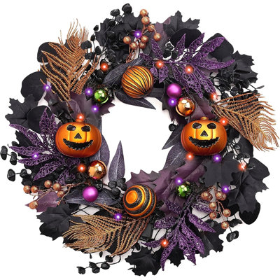 Couronne d'Halloween citrouille d'Halloween avec conception de lanterne pré-éclairée, couronne de citrouille éclairée pour la porte d'entrée, la fenêtre, le mur, la fête intérieure, les fêtes et les décorations saisonnières