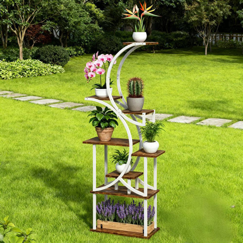 Support d'angle pour plantes multiples, support pour plante, étagère en forme de S à 8 niveaux, Brun / Blanc