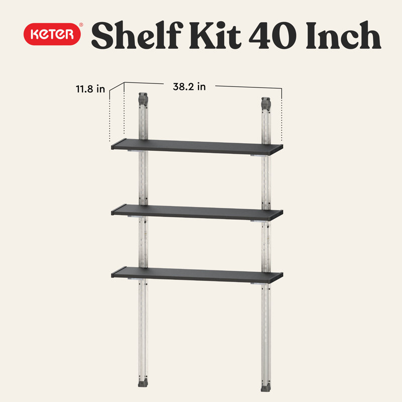 Keter Storage Shed Shelf Kit 40 Inch Easy Assembly Steel Reinforced Utility Kit with Heavy Duty Brackets and Rails, Black