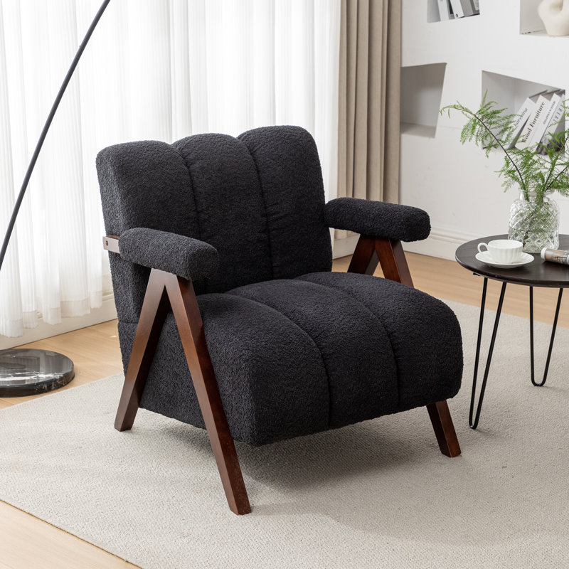 Draedyn Upholstered Boucle Armchair with Solid Wood Legs, Light Black, 1