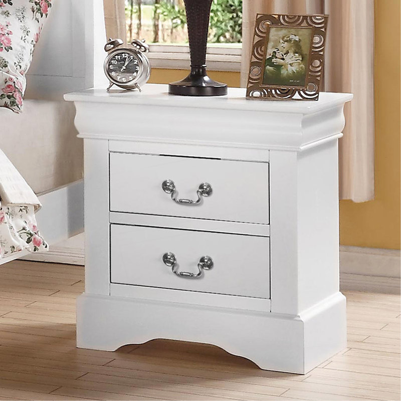 2 Drawers Solid Pine Nightstand In White Finish