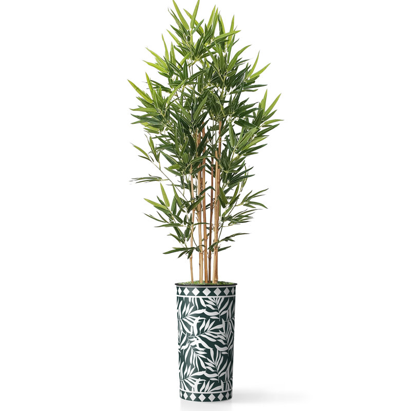 Artificial Tree in Contemporary Blue Stripe Patterned Planter Fake Bamboo Silk Tree, Plant Green