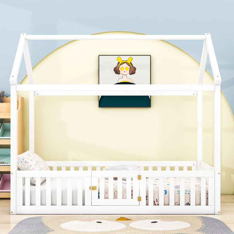 Antonya House Bed with Fence and Door, Twin, White