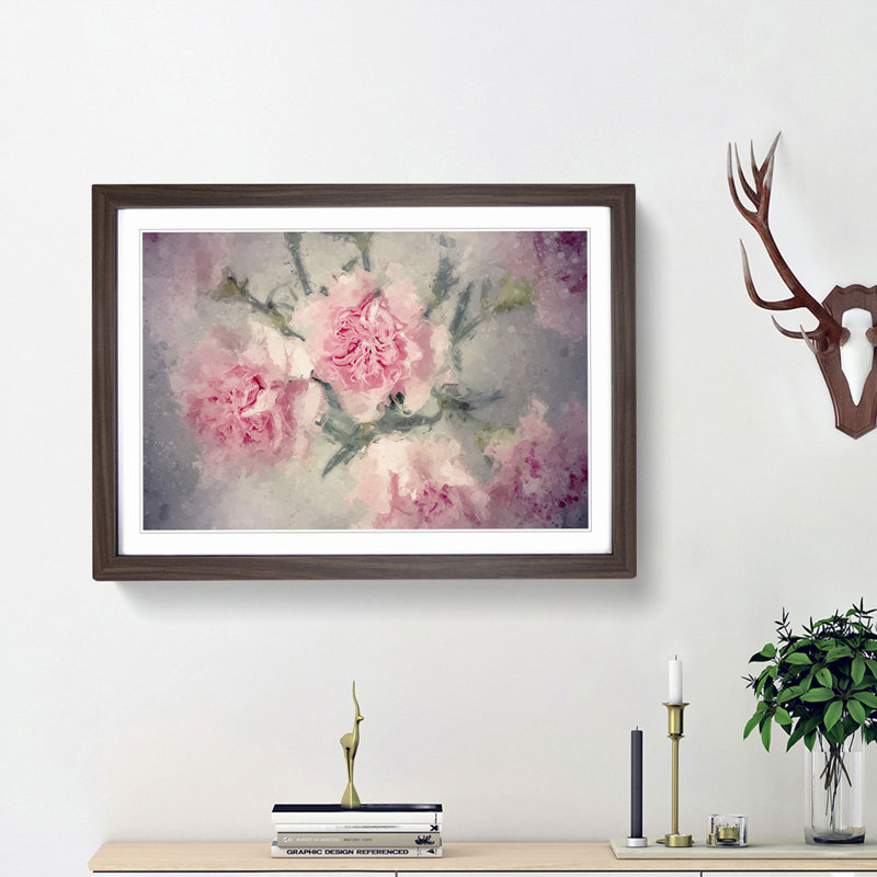 Pale Pink Carnation Flowers in Abstract - Picture Frame Painting Print, Walnut Framed, 27cm H x 36cm W x 2cm D