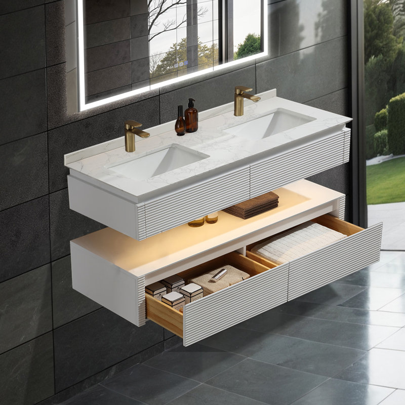 Meuble-lavabo mural simple en bois massif de 48 po avec comptoir en pierre et lumière, Blanc