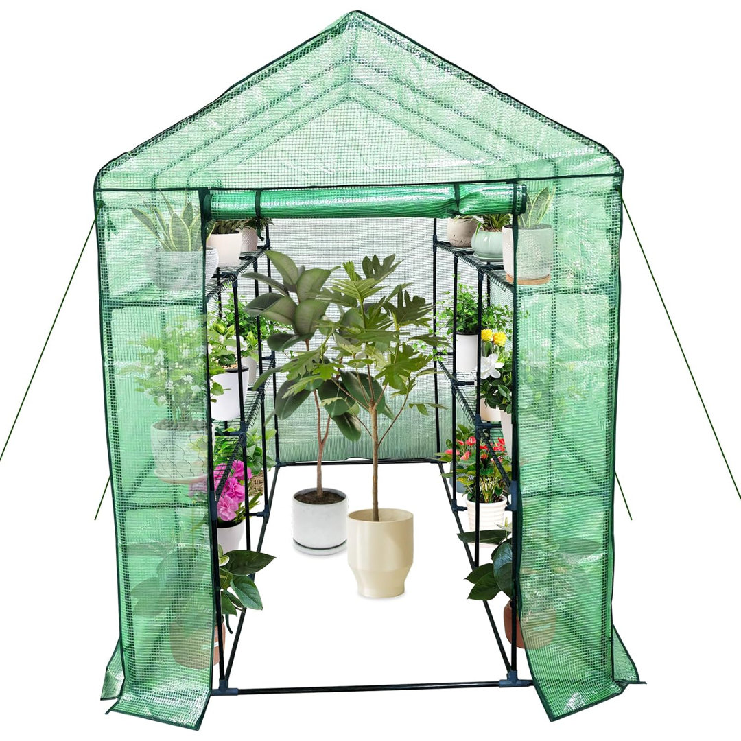 3 Tier Walk In Garden Greenhouse with 6 Shelves, Plant House for Garden with Weatherproof PVC Plastic Cover, Roll-Up Zippered Door, Easy Assembly Gard