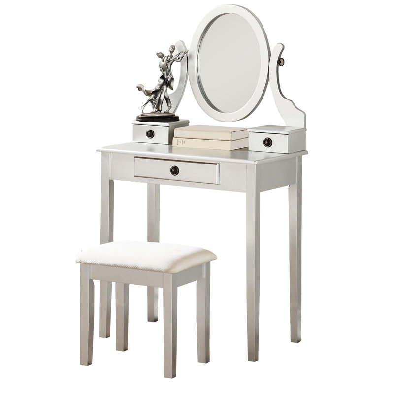 Chic Wood Vanity Table With Stool, Silver - 3 Drawer Storage, Mirror Adjustable For Makeup Art Oval Beauty, Silver