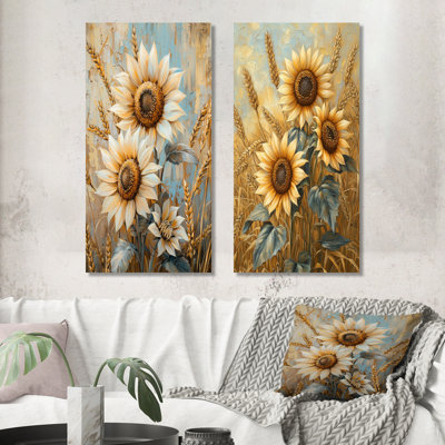 Sunflowers in the Wheat Barnyard I – Yellow Botanical 2 Panel Oversized Metal Wall Decor Print