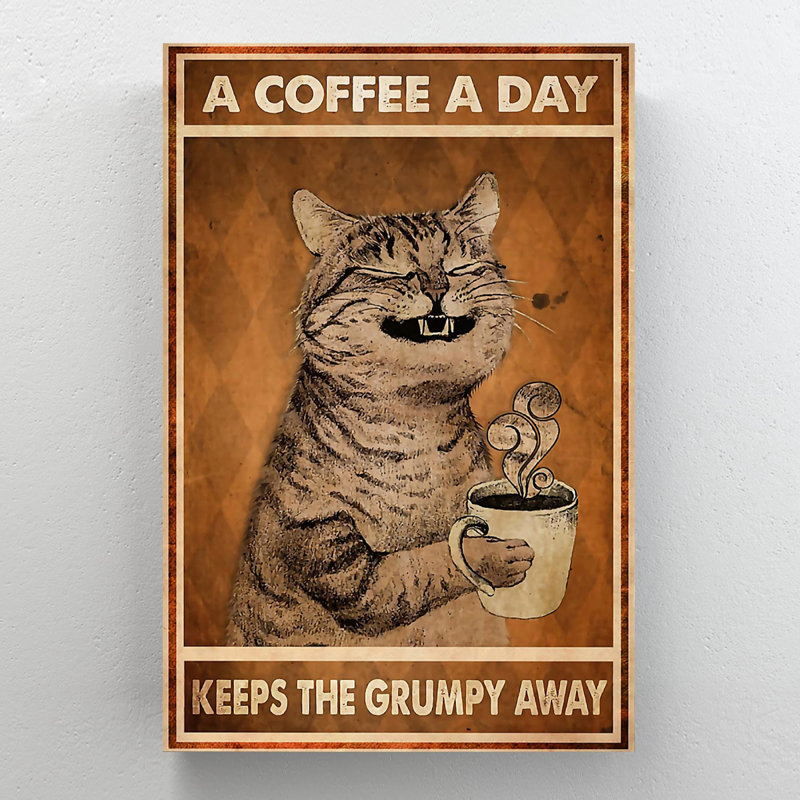 Chat et tasse de café - Un café par jour - Reproduction d'art graphique sur toile tendue 1 pièce, H 14 po x l 11 po x P 2 po