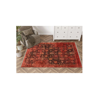 Red Themed Traditional Ethnic Abstract Patterned Decorative Rug Machine Washable