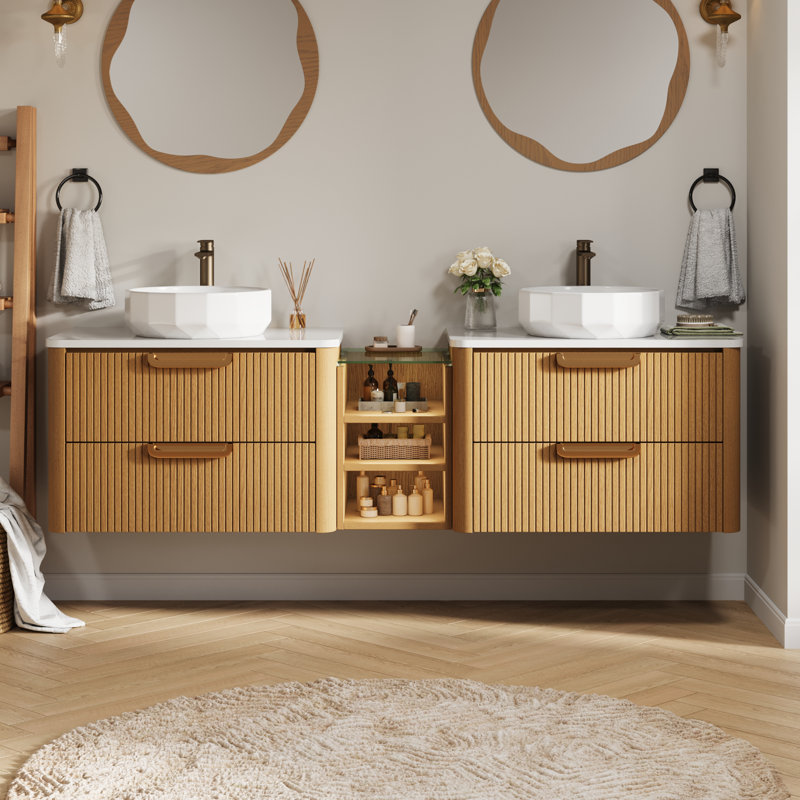 72" Wallmount Bathroom Vanity With Engineered Stone Top And Double Ceramic Sinks