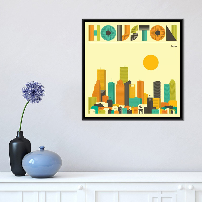 " Houston Skyline " by Jazzberry Blue, 18" H x 18" W x 1.5" D, Black Floater Framed Canvas, No Mat