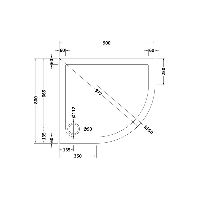 Standard Shower Tray - Slate Grey, 40mm H x 900mm W x 800mm D, Right
