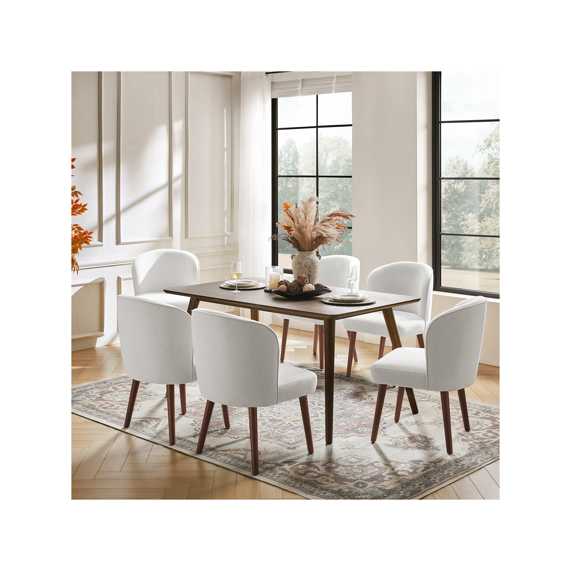 Palmdale Mid-Century Modern Upholstered Dining Chair Set, White, 6