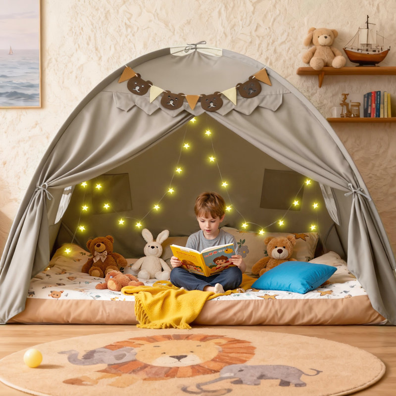 Full Bed Tent, Bed Canopy Bunk Bed Tent with Stars Light & Flags, Breathable Sleeping Tent, Privacy Space Dream Playhouse for Indoor Bedroom Floor Portable Play Tent, Birthday Gifts