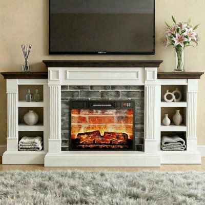 71" Electric Fireplace TV Stand for TVs up to 80", Modern Entertainment Center with Faux Stacked Stone Surround, 6 Adjustable Shelves & Remote, White