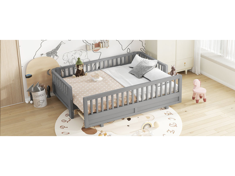 Lit plateforme de style scandinave avec garde-corps Fitzhugh, fabrication en bois massif, assemblage facile, Grey, Twin XL