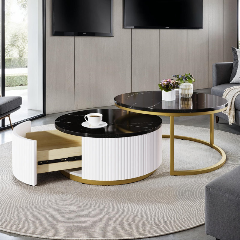 Modern Round Nesting Coffee Table Set with Drawer–Fluted Design, Black