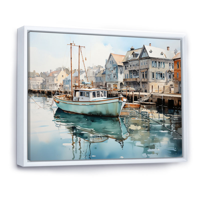 Port Harbor Reflections, H 30 po x l 40 po x P 1,5 po, Cadre flottant blanc