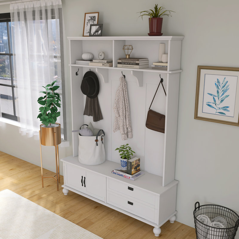 Arbre d'entrée de style moderne avec panneau de particules avec armoire de rangement, 2 grands tiroirs, banc de vestibule Widen et 5 crochets à manteau