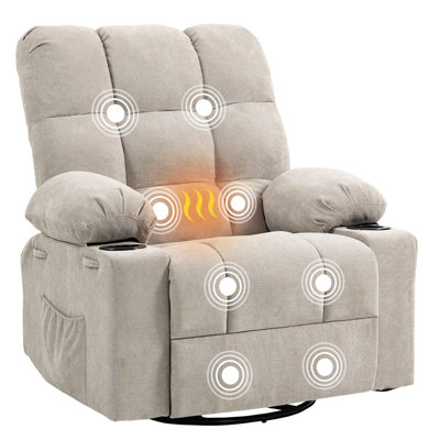 89 CM Oversized Tuffed Heated Massage Swivel Rocker Recliner with Cup Holders