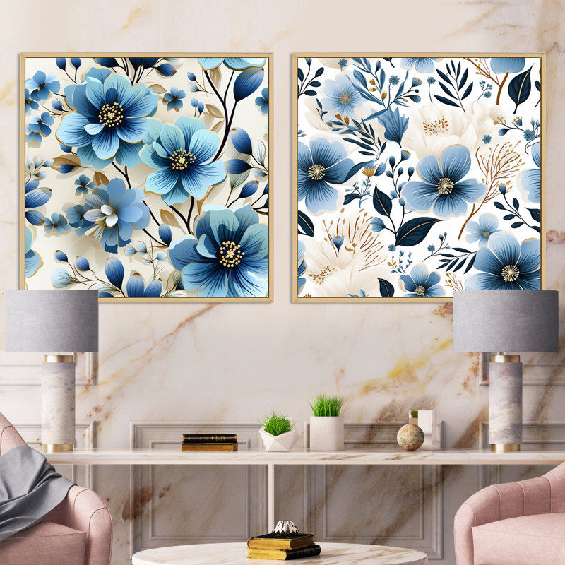 Crawfordville - Ensemble de 2 collages floraux carrés, Cadre flottant brun, H 36 po x l 73 po