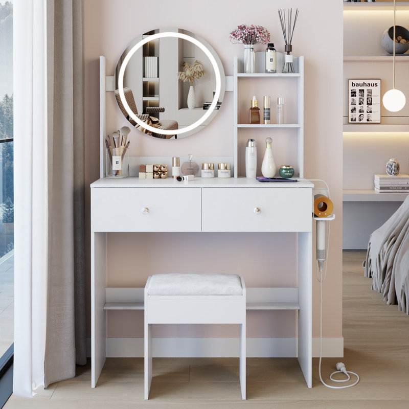 17 Inch Round LED Mirror Vanity Table with Cushioned Stool, Equipped with Power Sockets, Adjustable Lighting, and Multi-layer Storage
