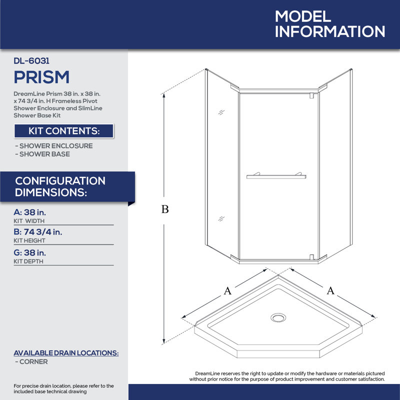 DreamLine Prism 38" W x 38" D x 74.75" H Frameless Neo-Angle Shower Enclosure with Base Included, Brushed Nickel, Biscuit