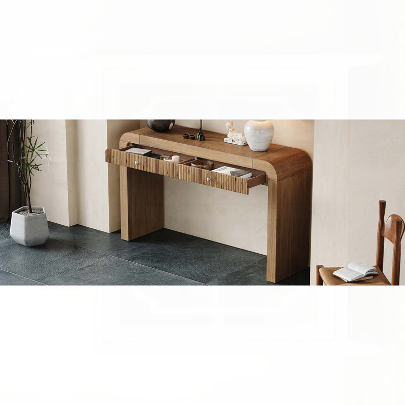 Console rustique avec façade de tiroir cannelée, coins courbés et pieds épais - Naturel
