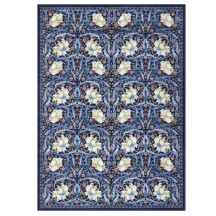 Floral Machine Washable Rug Non-Slip Oriental Floor Cover, Foldable Low Pile Indoor Mat for Kitchen, Office, Living Room
