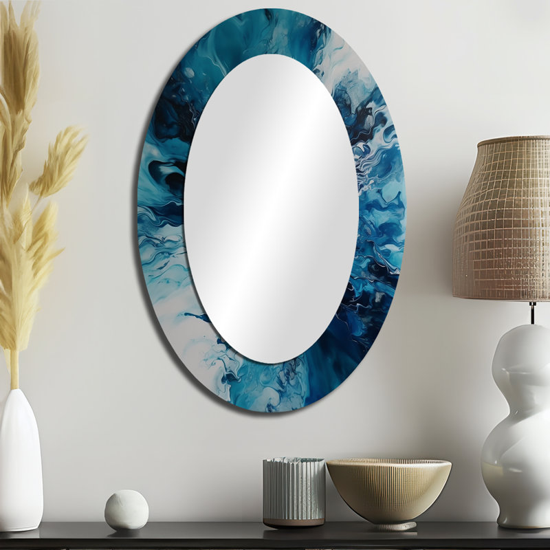 Bleu sarcelle et noir fantaisie aquatique I - miroir abstrait, miroir mural moderne unique, impression d'art en métal, Ovale