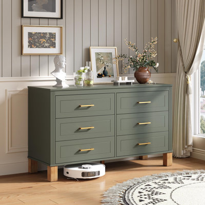 Commode double 6 tiroirs en vert olive, armoire de rangement moderne avec poignées en métal et pieds en bois massif, organisateur de tiroir pour chambre d'enfant, commode en bois robuste avec préinstallé
