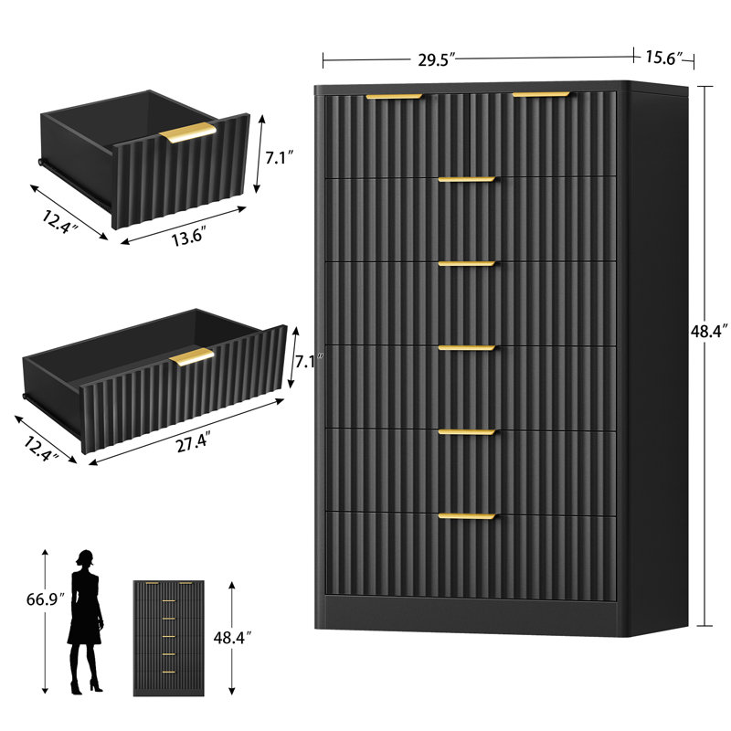 48.03''H Fluted 7 Drawer Dresser For Bedroom, Modern Chest Of Drawers, Wood Closet Clothes Organizer For Bedroom, Hallway, Black