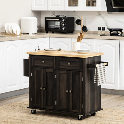 Brown Oak Kitchen Island Cart On Wheels - Space Saving With Spice Rack, 2 Sliding Drawers, Cabinets & Adjustable Work Area Modern In Offers Extra Cabi by Red Barrel Studio