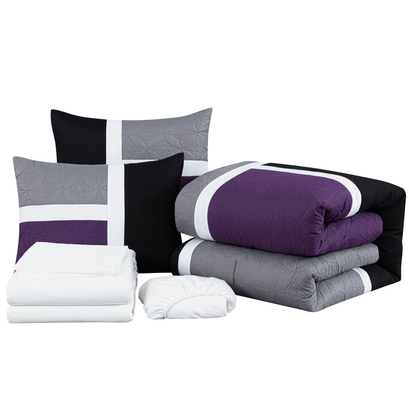 7-Piece Patchwork Bed in a Bag Comforter Set with Sheets, King Comforter + 6 Additional Pieces, Purple/Black/Gray