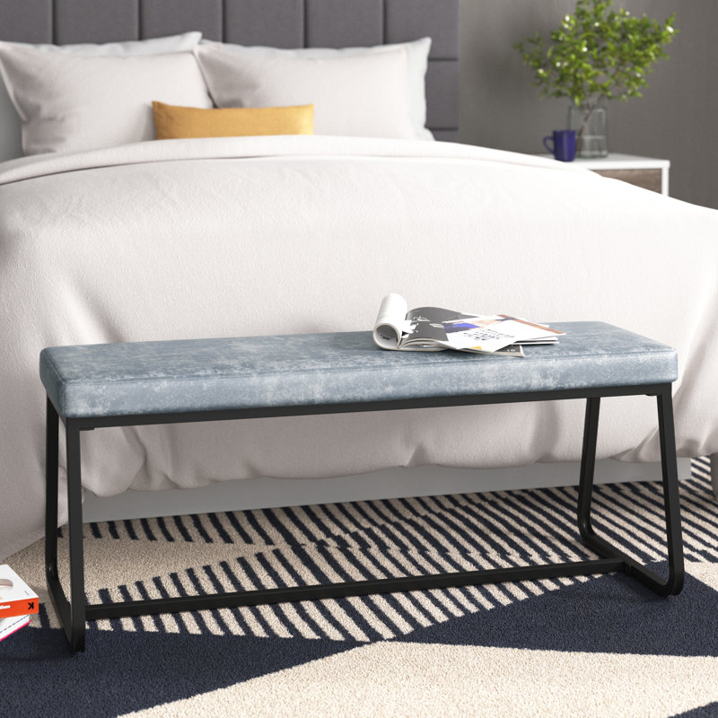Banc rembourré en similicuir Audet, Bleu et noir, H 18,11 po x l 48,22 po x P 15,54 po
