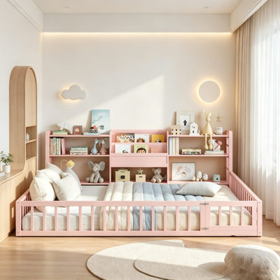 Montessori Floor Fence Bed, Full Surround Guardrails with Hinged Access Door and Storage Bookcase