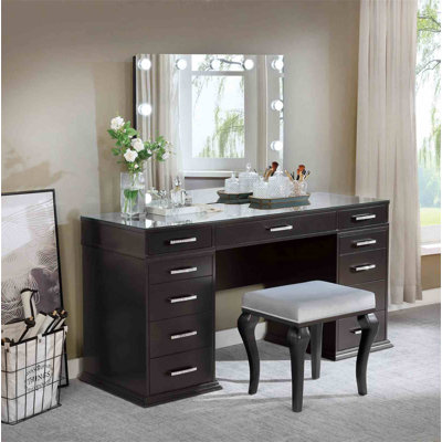 Glam Style 1Pc Vanity W/ Padded Stool Set 8Mm Glass Top Storage Drawers LED On Mirror Obsidian Gray Finish Bedroom Furniture