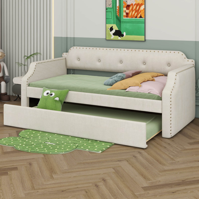 Twin Size Linen Upholstered Daybed With Trundle, Wooden Frame Armrests Bed W/Wood Slat Support, Arched Back & Nailhead Trim