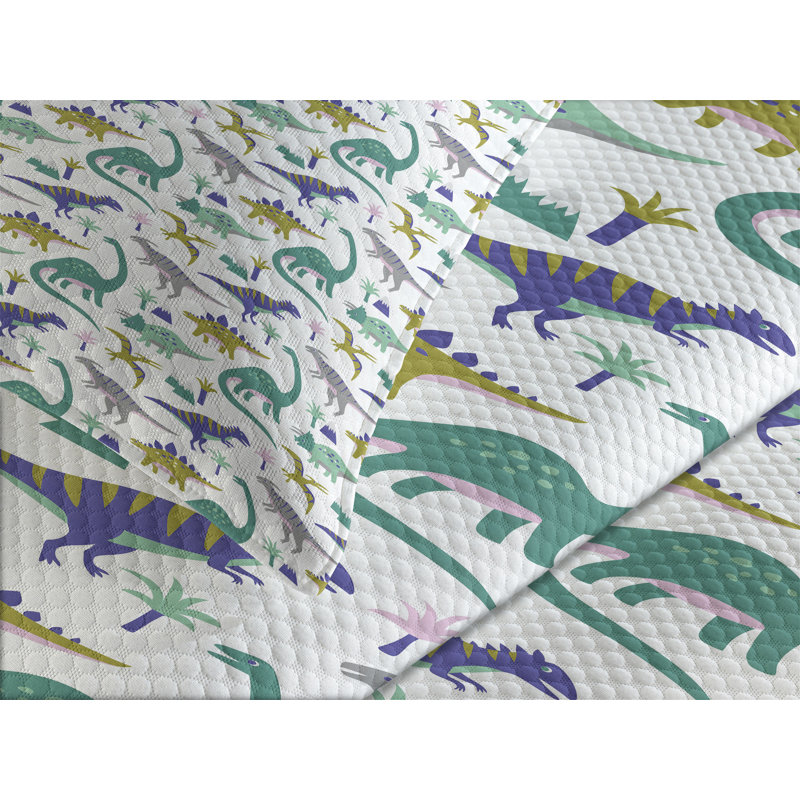 Ambesonne Cartoon Bedspread Set Dinosaurs Mountains Trees Multicolor, King Bedspread + 2 Standard Shams