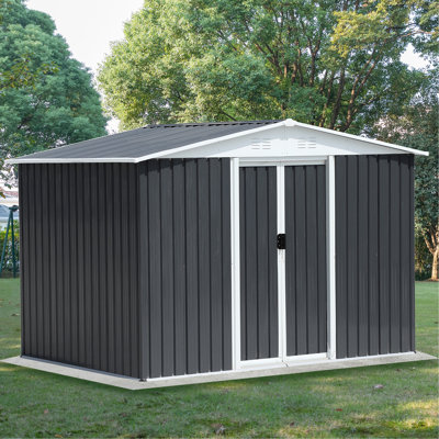 Abri de jardin extérieur en métal de 2,4 x 1,8 m (8 x 6 pieds), structure en acier galvanisé, spacieux pour ranger la piscine et les vélos, bonne résistance, gris, adapté à toutes les conditions météorologiques, portes verrouillables pour la protection des objets.
