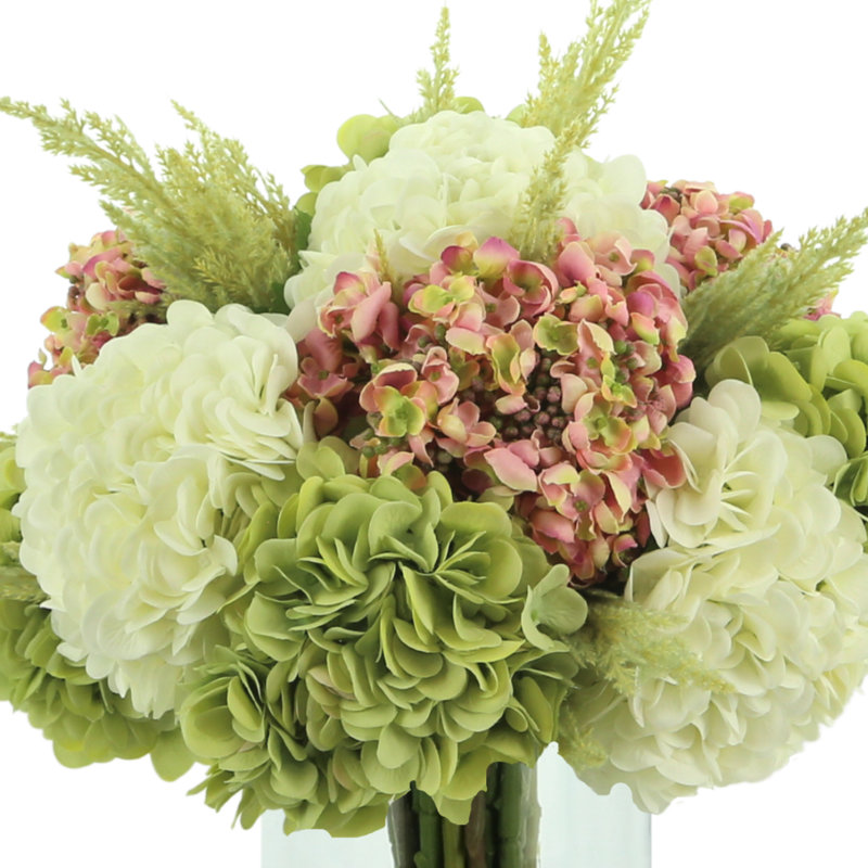 Arrangement floral hydranges dans un vase, Rose, blanc, vert