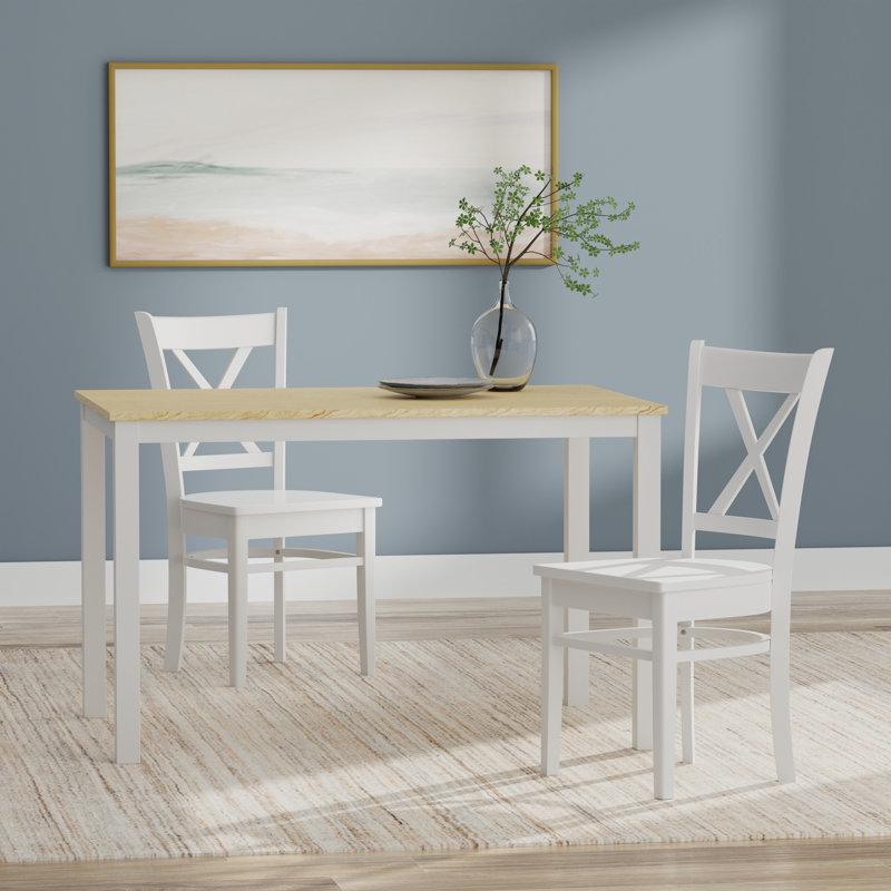 Ensemble repas pour 6 personnes Trabelsi, Ensemble de salle à manger 3 pièces, Blanc, Naturel / Blanc