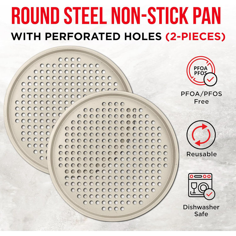 Ensemble de 2 casseroles à pizza Bakken - Acier au carbone perforé rond avec revêtement antiadhésif en marbre, poignée en silicone blanc, durable et facile à nettoyer