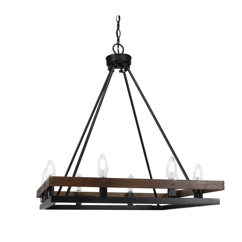 Lustre carré à 8 lumières Belmont illustré en métal aspect bois peint et finition noir mat