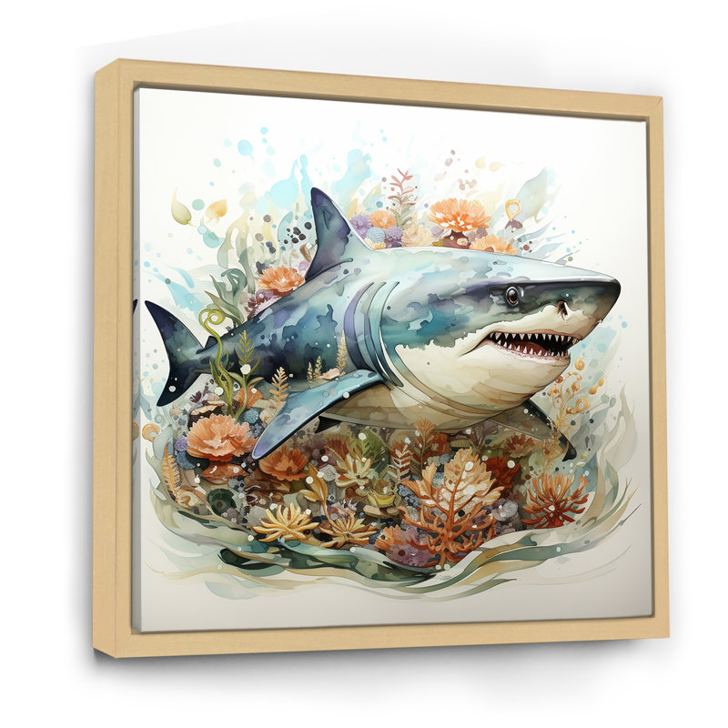 Curious Shark Ocean Blooms I - Shark Wall Art, 36" H x 36" W x 1.5" D, Brown Floater Framed
