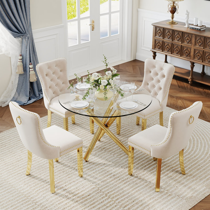 Ensemble de salle à manger à piédestal rond 5 pièces avec chaise capitonnée en velours pour salle à manger et salon, Beige