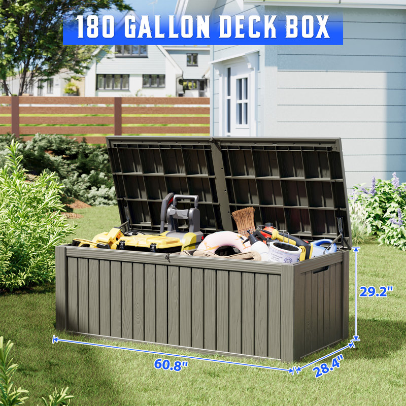 180 Gallon Deck Box, Resin Outdoor Storage Box, Gray
