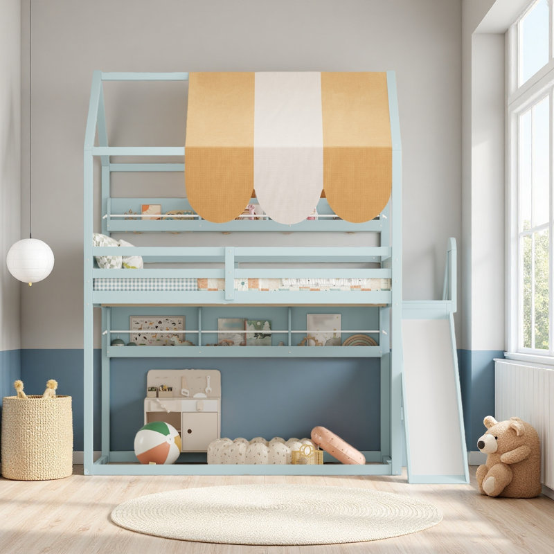 Full Size House Bed With Canopy, Slide & Built-In Bookshelves, Light Green