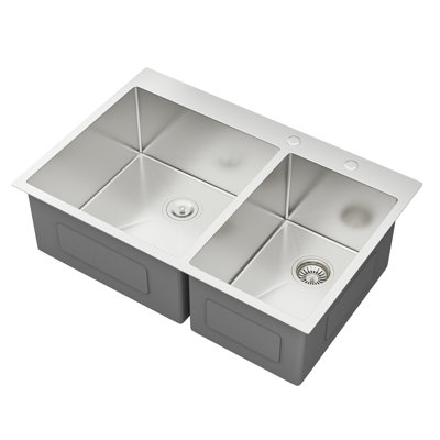 33"X22"X10" Double Bowl  60/40  Drop In Kitchen Sink Of 16 Gauge T304 Stainless Steel, Flat Apron Front Appearance, X - Shaped Water Guide For Easy Drain, R10 Rounded Corner Space, Coating And Pad,